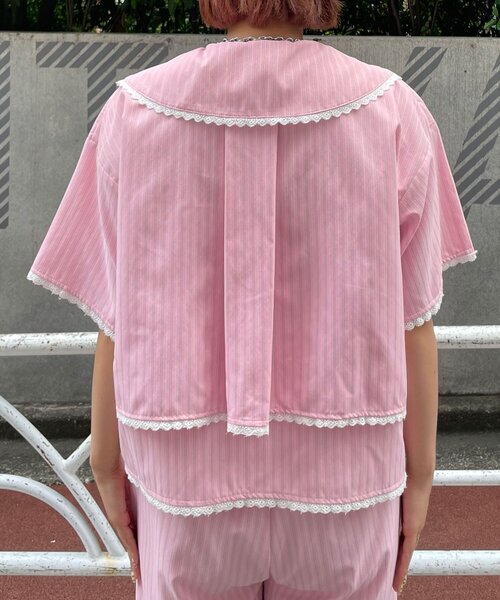 HELLO.SANFRANCISCO(ハローサンフランシスコ)の「【HELLO.SANFRANCISCO/ハローサンフランシスコ】ビックカラーストライプクロップドシャツ(シャツ/ブラウス・レディース・ピンク/ブルー・ONE SIZE)」の19枚目の写真