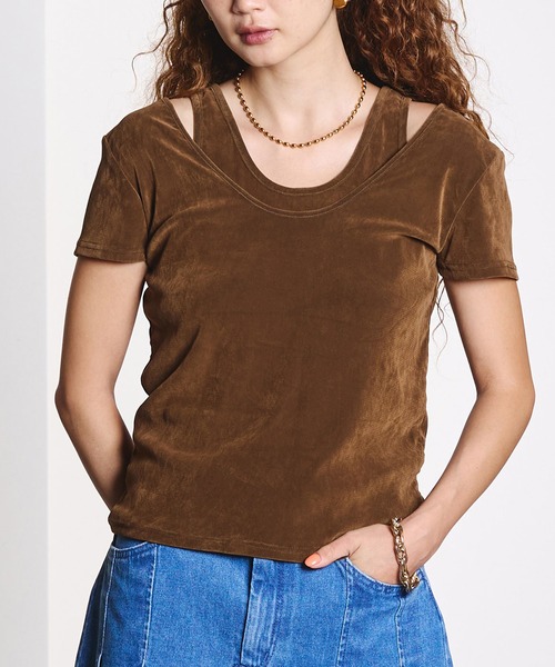 ROSE BUD(ローズバッド)の「FLOCKED TULLE LAYERED TOP(Tシャツ/カットソー・レディース・ブラウン/ライトグリーン・ONE SIZE)」の2枚目の写真