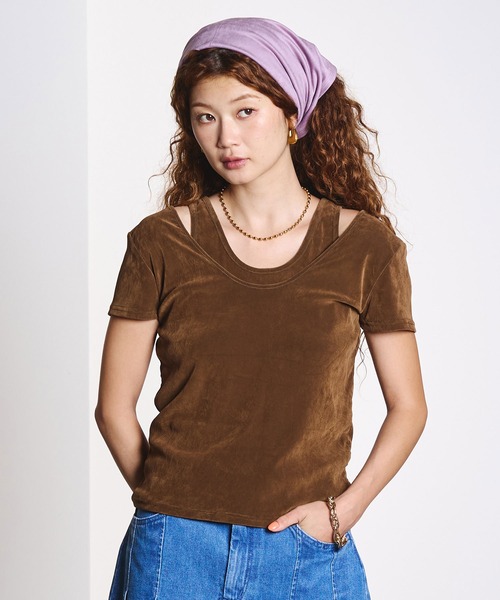 ROSE BUD(ローズバッド)の「FLOCKED TULLE LAYERED TOP(Tシャツ/カットソー・レディース・ブラウン/ライトグリーン・ONE SIZE)」の3枚目の写真