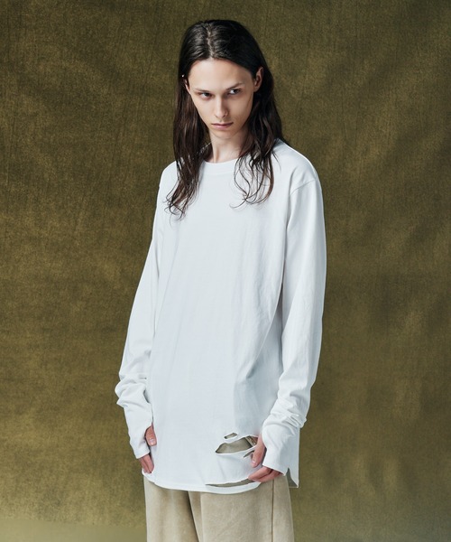 glamb(グラム)の「Damage Cutsew / ダメージカットソー(Tシャツ/カットソー・メンズ・ブラック/グレー/ホワイト・S/M/L)」の2枚目の写真