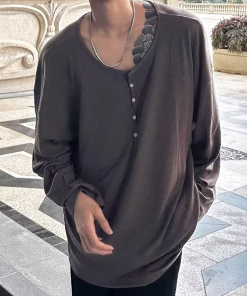 NOWLE(ノウル)の「【NOWLE】ヘンリーネック リブファブリック 長袖 Tシャツ / アーバンリラックス ロングスリーブ(Tシャツ/カットソー・メンズ・アッシュブラウン/ホワイト/ブラック/グレー・X-LARGE/LARGE/MEDIUM)」の7枚目の写真