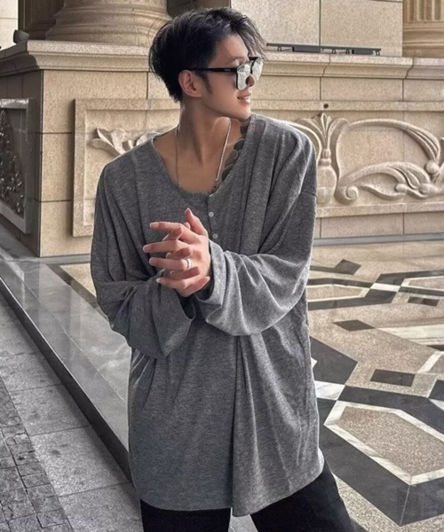 NOWLE(ノウル)の「【NOWLE】ヘンリーネック リブファブリック 長袖 Tシャツ / アーバンリラックス ロングスリーブ(Tシャツ/カットソー・メンズ・アッシュブラウン/ホワイト/ブラック/グレー・X-LARGE/LARGE/MEDIUM)」の12枚目の写真
