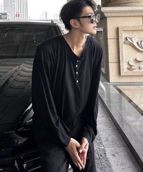 NOWLE(ノウル)の「【NOWLE】ヘンリーネック リブファブリック 長袖 Tシャツ / アーバンリラックス ロングスリーブ(Tシャツ/カットソー・メンズ・アッシュブラウン/ホワイト/ブラック/グレー・X-LARGE/LARGE/MEDIUM)」の15枚目の写真