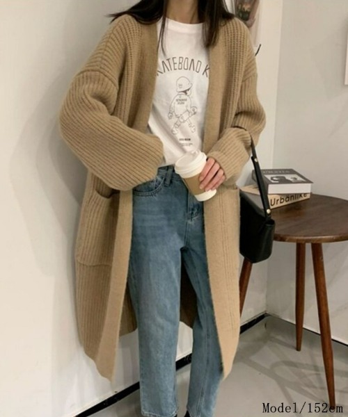 SEU(エスイーユー)の「【小柄さんにおすすめ】ローゲージ畦編みロングニットカーディガン 長袖 体型カバー ゆったり 【オフィスカジュアル】【きれいめカジュアル】 レディース韓国風 春服 秋服 冬服(カーディガン/ボレロ・レディース・ブラック/チャコール/ベージュ/アイボリー・フリー)」の1枚目の写真