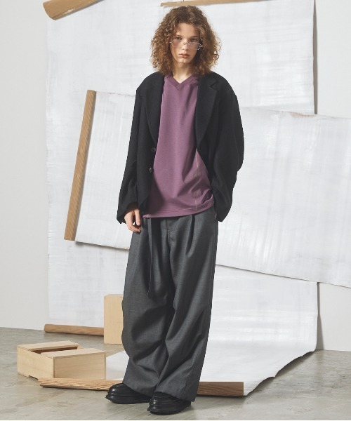 MAISON SPECIAL(メゾンスペシャル)の「《UNISEX》ブッチャーファブリックプライムオーバーサイドジップシングルジャケット/Butcher Fabric Prime-Over Side-zip Single Jacket【MAISON SPECIAL/メゾンスペシャル】■セットアップ対応■(テーラードジャケット・メンズ・ブラック/ブラウン/パープル・2/1/0)」の4枚目の写真