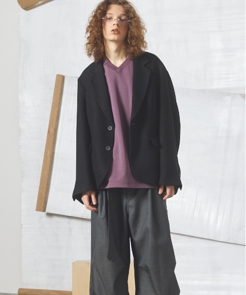 MAISON SPECIAL(メゾンスペシャル)の「《UNISEX》ブッチャーファブリックプライムオーバーサイドジップシングルジャケット/Butcher Fabric Prime-Over Side-zip Single Jacket【MAISON SPECIAL/メゾンスペシャル】■セットアップ対応■(テーラードジャケット・メンズ・ブラック/ブラウン/パープル・2/1/0)」の5枚目の写真