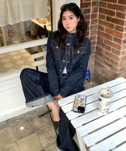 Aelina(エリナ)の「スタンドカラーデニムジャケット&ハイウエストデニムパンツセットアップ(セットアップ・レディース・インディゴブルー・L/M/S)」の4枚目の写真