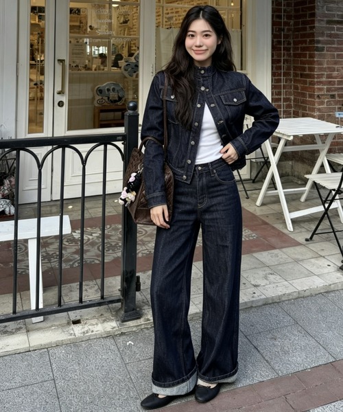 Aelina(エリナ)の「スタンドカラーデニムジャケット&ハイウエストデニムパンツセットアップ(セットアップ・レディース・インディゴブルー・L/M/S)」の8枚目の写真