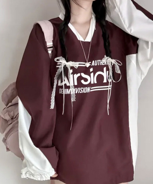 VIVID LADY(ビビッドレディー)の「バイカラーVネック 長袖トップス(Tシャツ/カットソー・レディース・ネイビー/ピンク/ワイン/ブラック/ブルー/チャコールグレー・FREE)」の6枚目の写真
