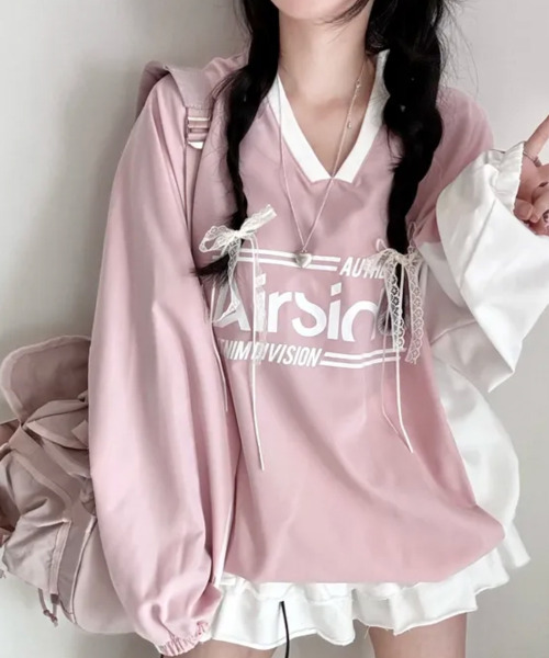 VIVID LADY(ビビッドレディー)の「バイカラーVネック 長袖トップス(Tシャツ/カットソー・レディース・ネイビー/ピンク/ワイン/ブラック/ブルー/チャコールグレー・FREE)」の19枚目の写真