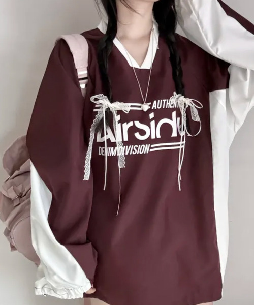 VIVID LADY(ビビッドレディー)の「バイカラーVネック 長袖トップス(Tシャツ/カットソー・レディース・ネイビー/ピンク/ワイン/ブラック/ブルー/チャコールグレー・FREE)」の7枚目の写真