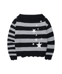 DAMAGED STAR STRIPE OFF SHOULDER KNIT BLACK(CV2GFFK620A)