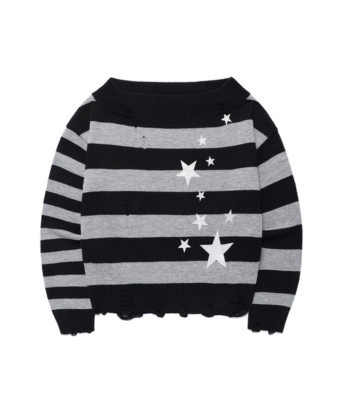 Cavish(カビシ)の「DAMAGED STAR STRIPE OFF SHOULDER KNIT BLACK(CV2GFFK620A)(ニット/セーター・レディース・ブラック・SMALL/MEDIUM)」の1枚目の写真