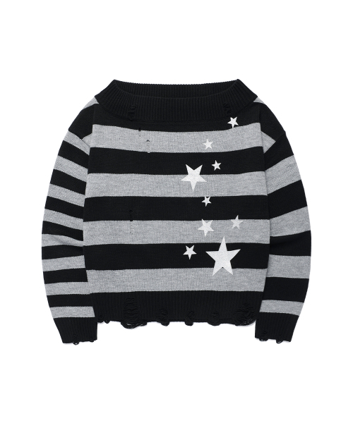Cavish(カビシ)の「DAMAGED STAR STRIPE OFF SHOULDER KNIT BLACK(CV2GFFK620A)(ニット/セーター・レディース・ブラック・SMALL/MEDIUM)」の3枚目の写真