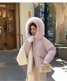 大きなピンクファー襟 フード付き A ライン中綿コート