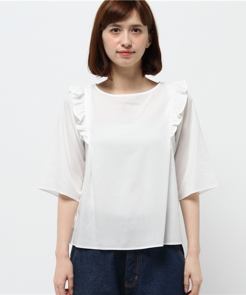 N.（N. Natural Beauty Basic）（エヌエヌナチュラルビューティーベーシック）の「フリルショルダーブラウス（シャツ/ブラウス・レディース・ネイビー/ホワイト/ピンク・MEDIUM）」の4枚目の写真