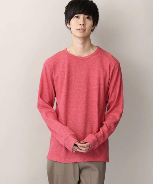 MONO-MART（モノマート）の「杢ワッフルクルーネック カラーリング L/Sカットソー（Tシャツ/カットソー・メンズ・ブラック/ネイビー/グレー/レッド/カーキ/オートミール/チャコール・M/L）」の2枚目の写真