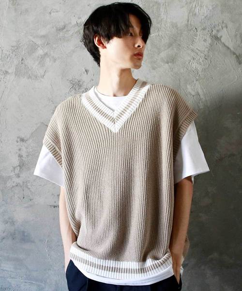 THE CASUAL（カジュアル）の「ビッグシルエット Vネック リネンコットン 畦編み リブ編み ニットベスト(無地/チルデン/切替)（ベスト・メンズ・ブルー系その他/ブラック系その他/ベージュ系その他/ホワイト/ブラック/ベージュ/ネイビー/グレー/モカ/ホワイト系その他・L/M）」の8枚目の写真