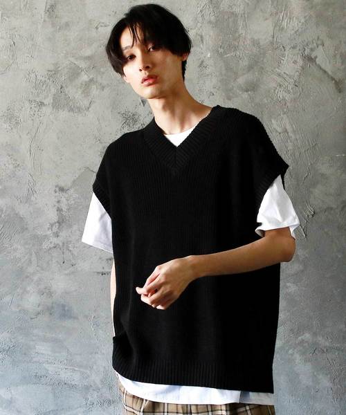 THE CASUAL（カジュアル）の「ビッグシルエット Vネック リネンコットン 畦編み リブ編み ニットベスト(無地/チルデン/切替)（ベスト・メンズ・ブルー系その他/ブラック系その他/ベージュ系その他/ホワイト/ブラック/ベージュ/ネイビー/グレー/モカ/ホワイト系その他・L/M）」の5枚目の写真