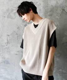 THE CASUAL | ビッグシルエット Vネック リネンコットン 畦編み ニットベスト(無地/チルデン/切替)(ベスト)