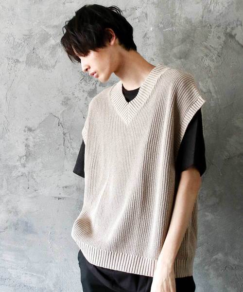 THE CASUAL（カジュアル）の「ビッグシルエット Vネック リネンコットン 畦編み リブ編み ニットベスト(無地/チルデン/切替)（ベスト・メンズ・ブルー系その他/ブラック系その他/ベージュ系その他/ホワイト/ブラック/ベージュ/ネイビー/グレー/モカ/ホワイト系その他・L/M）」の9枚目の写真