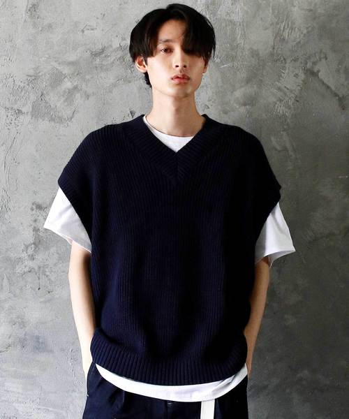 THE CASUAL（カジュアル）の「ビッグシルエット Vネック リネンコットン 畦編み リブ編み ニットベスト(無地/チルデン/切替)（ベスト・メンズ・ブルー系その他/ブラック系その他/ベージュ系その他/ホワイト/ブラック/ベージュ/ネイビー/グレー/モカ/ホワイト系その他・L/M）」の10枚目の写真