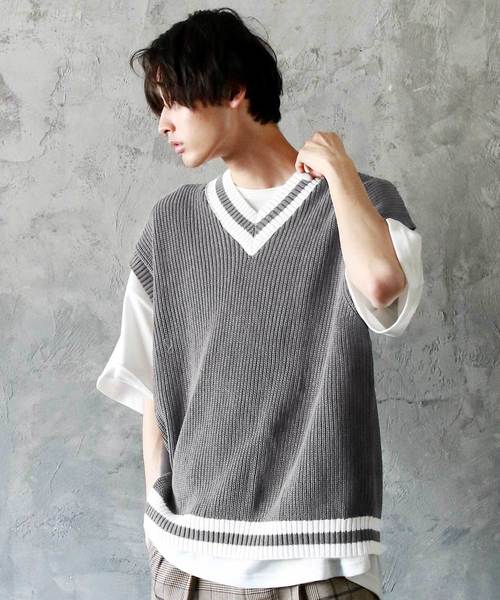 THE CASUAL（カジュアル）の「ビッグシルエット Vネック リネンコットン 畦編み リブ編み ニットベスト(無地/チルデン/切替)（ベスト・メンズ・ブルー系その他/ブラック系その他/ベージュ系その他/ホワイト/ブラック/ベージュ/ネイビー/グレー/モカ/ホワイト系その他・L/M）」の6枚目の写真