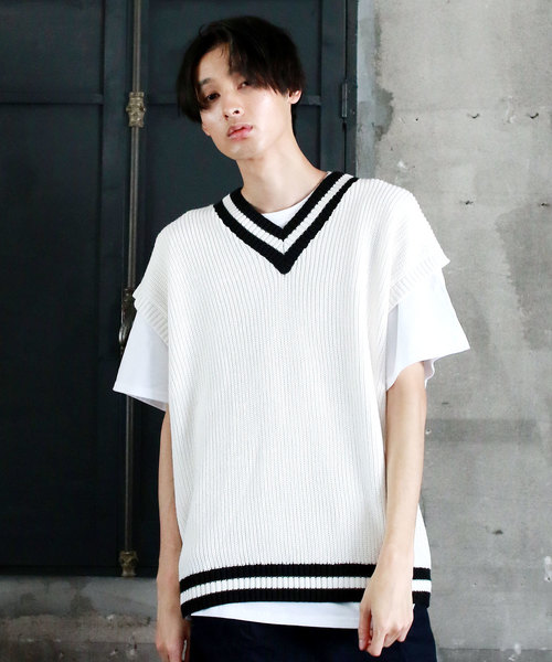 THE CASUAL（カジュアル）の「ビッグシルエット Vネック リネンコットン 畦編み リブ編み ニットベスト(無地/チルデン/切替)（ベスト・メンズ・ブルー系その他/ブラック系その他/ベージュ系その他/ホワイト/ブラック/ベージュ/ネイビー/グレー/モカ/ホワイト系その他・L/M）」の2枚目の写真