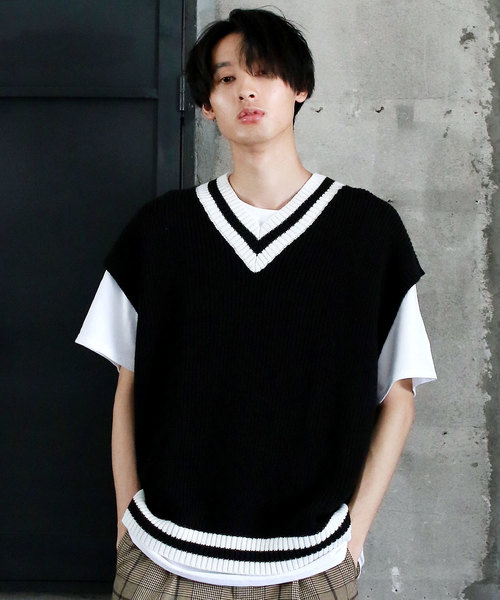 THE CASUAL（カジュアル）の「ビッグシルエット Vネック リネンコットン 畦編み リブ編み ニットベスト(無地/チルデン/切替)（ベスト・メンズ・ブルー系その他/ブラック系その他/ベージュ系その他/ホワイト/ブラック/ベージュ/ネイビー/グレー/モカ/ホワイト系その他・L/M）」の4枚目の写真