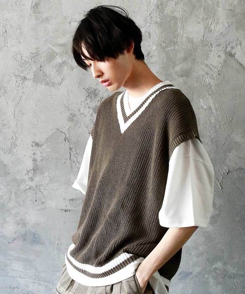 THE CASUAL（カジュアル）の「ビッグシルエット Vネック リネンコットン 畦編み リブ編み ニットベスト(無地/チルデン/切替)（ベスト・メンズ・ブルー系その他/ブラック系その他/ベージュ系その他/ホワイト/ブラック/ベージュ/ネイビー/グレー/モカ/ホワイト系その他・L/M）」の7枚目の写真