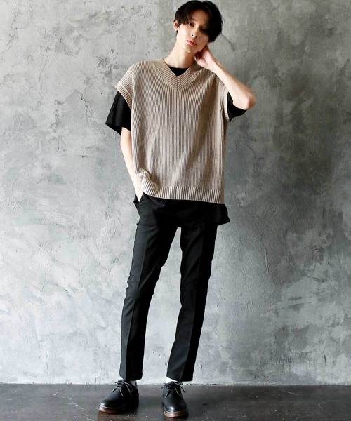 THE CASUAL（カジュアル）の「ビッグシルエット Vネック リネンコットン 畦編み リブ編み ニットベスト(無地/チルデン/切替)（ベスト・メンズ・ブルー系その他/ブラック系その他/ベージュ系その他/ホワイト/ブラック/ベージュ/ネイビー/グレー/モカ/ホワイト系その他・L/M）」の18枚目の写真
