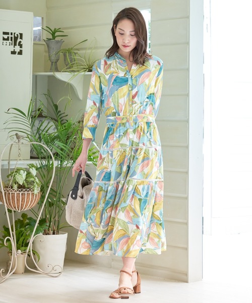 ANAYI ペイントリーフプリントフレアシャツワンピース 38 ANAYI ペイントリーフプリントフレアシャツワンピース 38