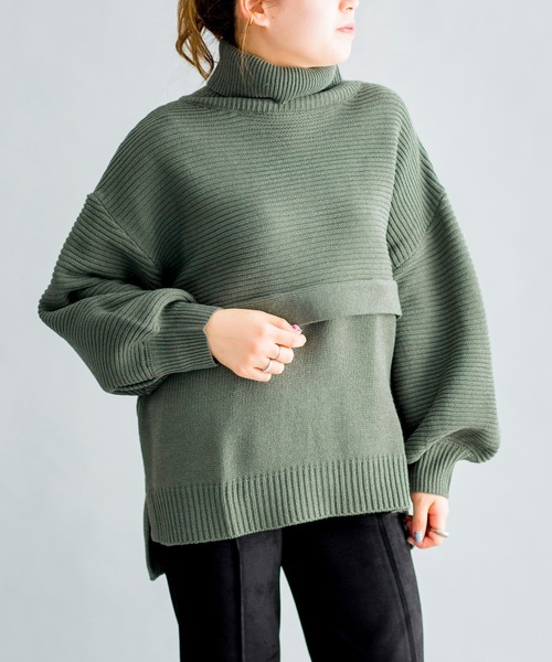 prose verse(プロズヴェール)の「編地切替えレイヤード風タートルニット(ニット/セーター・レディース・ベージュ/パープル/カーキ/オフホワイト/ブラック・フリ-)」の1枚目の写真