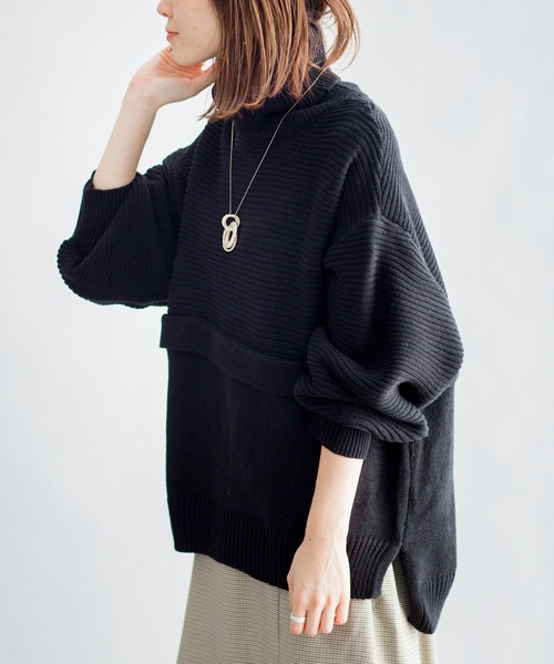 prose verse(プロズヴェール)の「編地切替えレイヤード風タートルニット(ニット/セーター・レディース・ベージュ/パープル/カーキ/オフホワイト/ブラック・フリ-)」の3枚目の写真