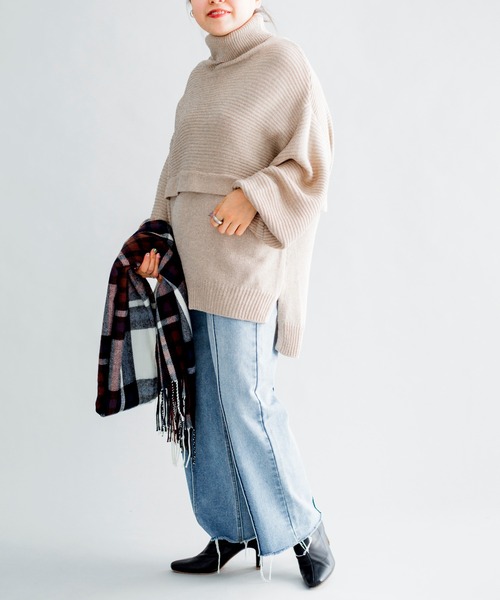 prose verse(プロズヴェール)の「編地切替えレイヤード風タートルニット(ニット/セーター・レディース・ベージュ/パープル/カーキ/オフホワイト/ブラック・フリ-)」の15枚目の写真