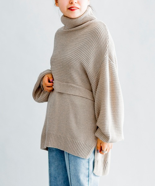 prose verse(プロズヴェール)の「編地切替えレイヤード風タートルニット(ニット/セーター・レディース・ベージュ/パープル/カーキ/オフホワイト/ブラック・フリ-)」の21枚目の写真