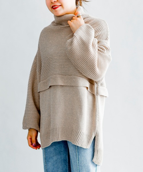 prose verse(プロズヴェール)の「編地切替えレイヤード風タートルニット(ニット/セーター・レディース・ベージュ/パープル/カーキ/オフホワイト/ブラック・フリ-)」の22枚目の写真