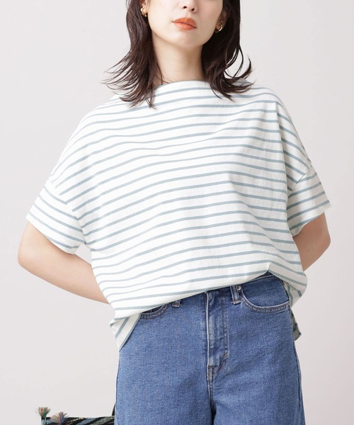 NANO universe（ナノユニバース）の「WEB限定/ボーダーワイドドロップTシャツ 半袖（Tシャツ/カットソー・レディース・オフホワイト/ブラック/グレー/ベージュ/ライトブルー/ライトパープル・FREE）」の6枚目の写真