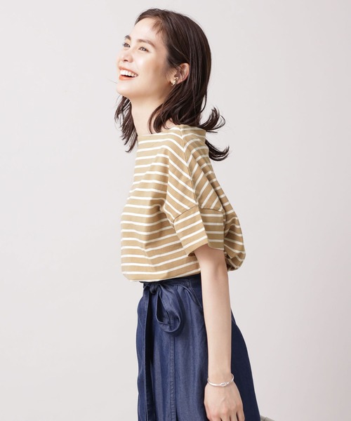 NANO universe（ナノユニバース）の「WEB限定/ボーダーワイドドロップTシャツ 半袖（Tシャツ/カットソー・レディース・オフホワイト/ブラック/グレー/ベージュ/ライトブルー/ライトパープル・FREE）」の7枚目の写真