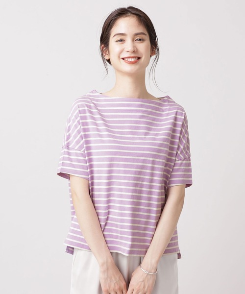 NANO universe（ナノユニバース）の「WEB限定/ボーダーワイドドロップTシャツ 半袖（Tシャツ/カットソー・レディース・オフホワイト/ブラック/グレー/ベージュ/ライトブルー/ライトパープル・FREE）」の19枚目の写真