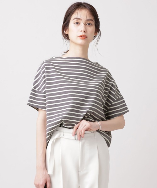NANO universe（ナノユニバース）の「WEB限定/ボーダーワイドドロップTシャツ 半袖（Tシャツ/カットソー・レディース・オフホワイト/ブラック/グレー/ベージュ/ライトブルー/ライトパープル・FREE）」の16枚目の写真