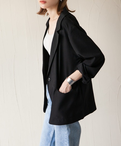 Chillfar（チルファー）の「カラーシャツジャケット（テーラードジャケット・レディース・ブラック/オレンジ/グリーン/アイボリー/マスタード/グレイッシュベージュ・FREE）」の3枚目の写真