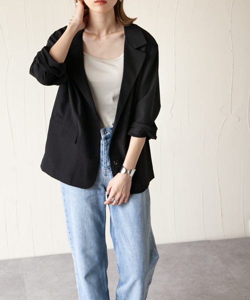 Chillfar（チルファー）の「カラーシャツジャケット（テーラードジャケット・レディース・ブラック/オレンジ/グリーン/アイボリー/マスタード/グレイッシュベージュ・FREE）」の20枚目の写真