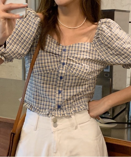 SONA(ソナ)の「SONYUNARA ハートネックチェック半袖ブラウス(Tシャツ/カットソー・レディース・イエロー/ブルー・MEDIUM)」の8枚目の写真