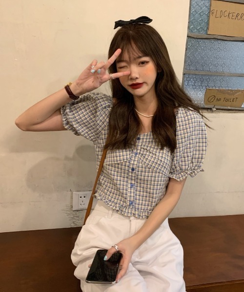SONA(ソナ)の「SONYUNARA ハートネックチェック半袖ブラウス(Tシャツ/カットソー・レディース・イエロー/ブルー・MEDIUM)」の11枚目の写真