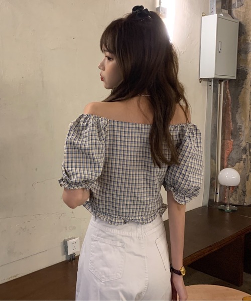 SONA(ソナ)の「SONYUNARA ハートネックチェック半袖ブラウス(Tシャツ/カットソー・レディース・イエロー/ブルー・MEDIUM)」の6枚目の写真