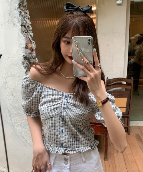 SONA(ソナ)の「SONYUNARA ハートネックチェック半袖ブラウス(Tシャツ/カットソー・レディース・イエロー/ブルー・MEDIUM)」の10枚目の写真