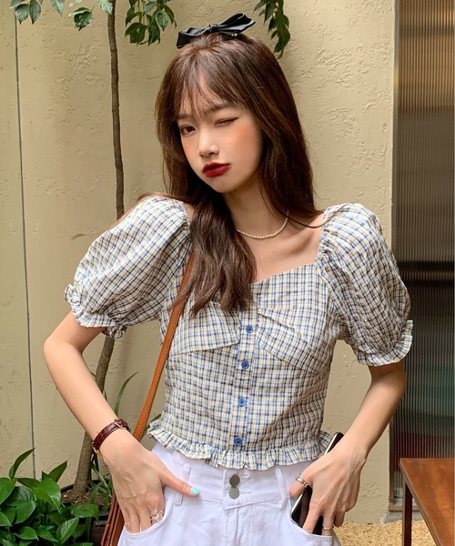 SONA(ソナ)の「SONYUNARA ハートネックチェック半袖ブラウス(Tシャツ/カットソー・レディース・イエロー/ブルー・MEDIUM)」の13枚目の写真