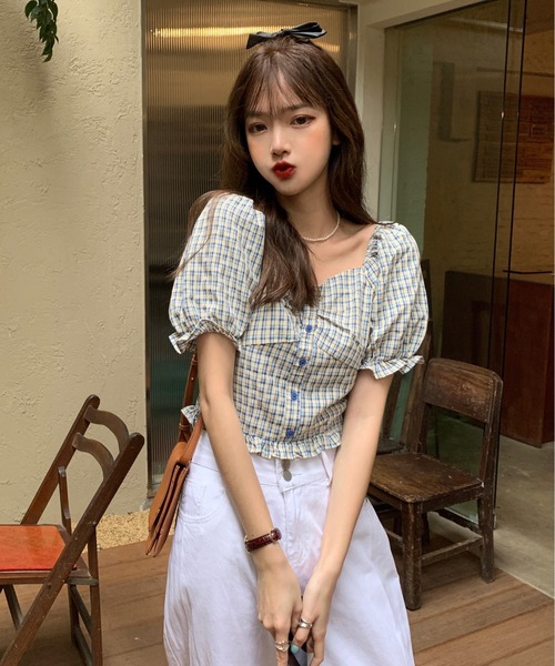SONA(ソナ)の「SONYUNARA ハートネックチェック半袖ブラウス(Tシャツ/カットソー・レディース・イエロー/ブルー・MEDIUM)」の3枚目の写真