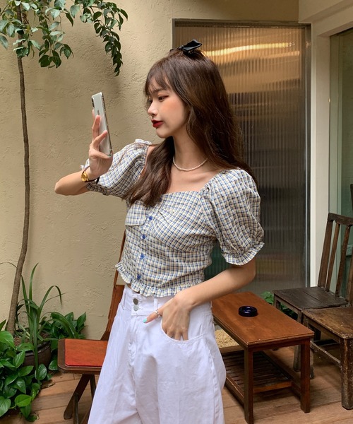 SONA(ソナ)の「SONYUNARA ハートネックチェック半袖ブラウス(Tシャツ/カットソー・レディース・イエロー/ブルー・MEDIUM)」の14枚目の写真